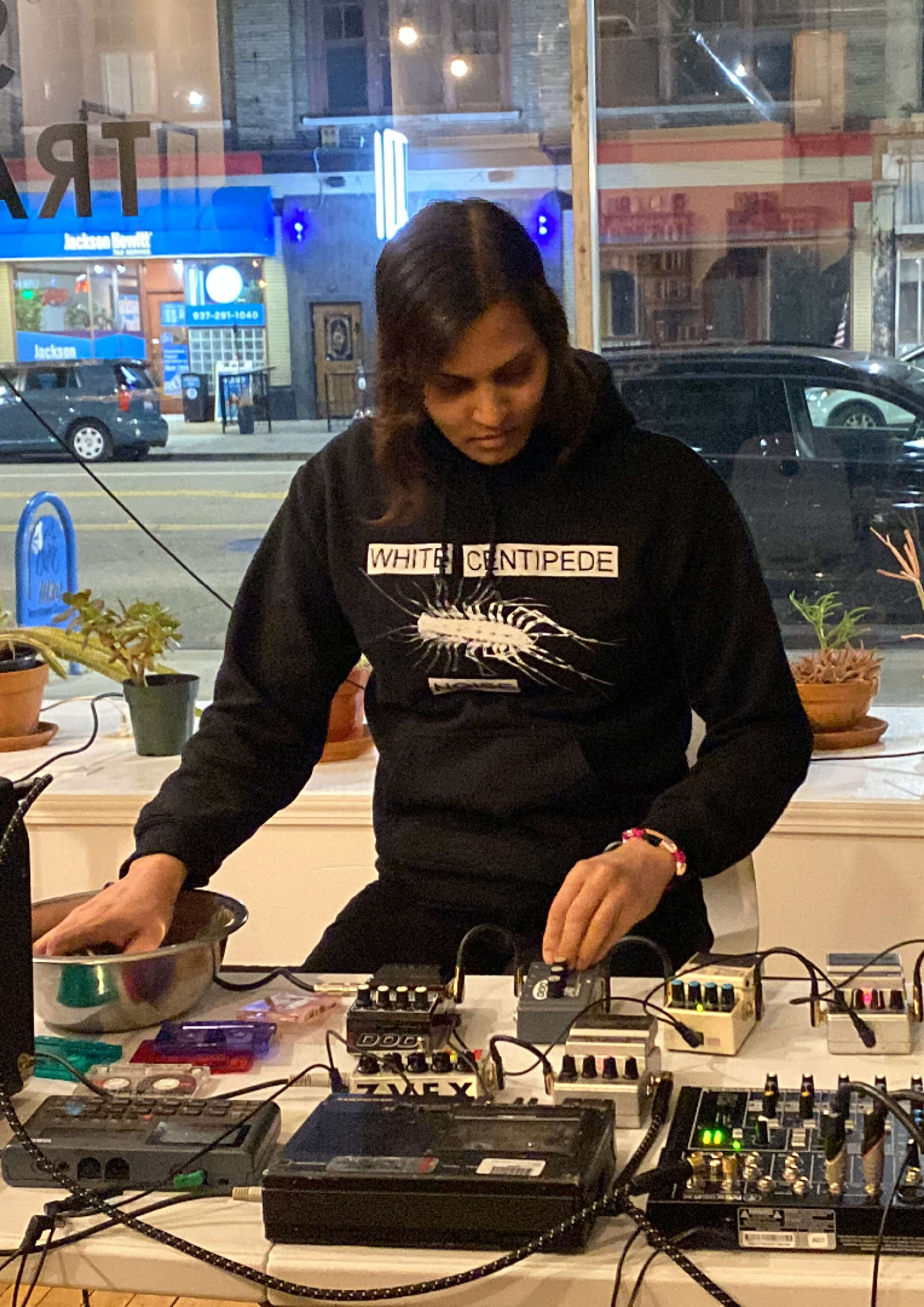 Abhilasha Chebolu performing a Harsh Noise set at Skeleton Dust Records as Null Copula